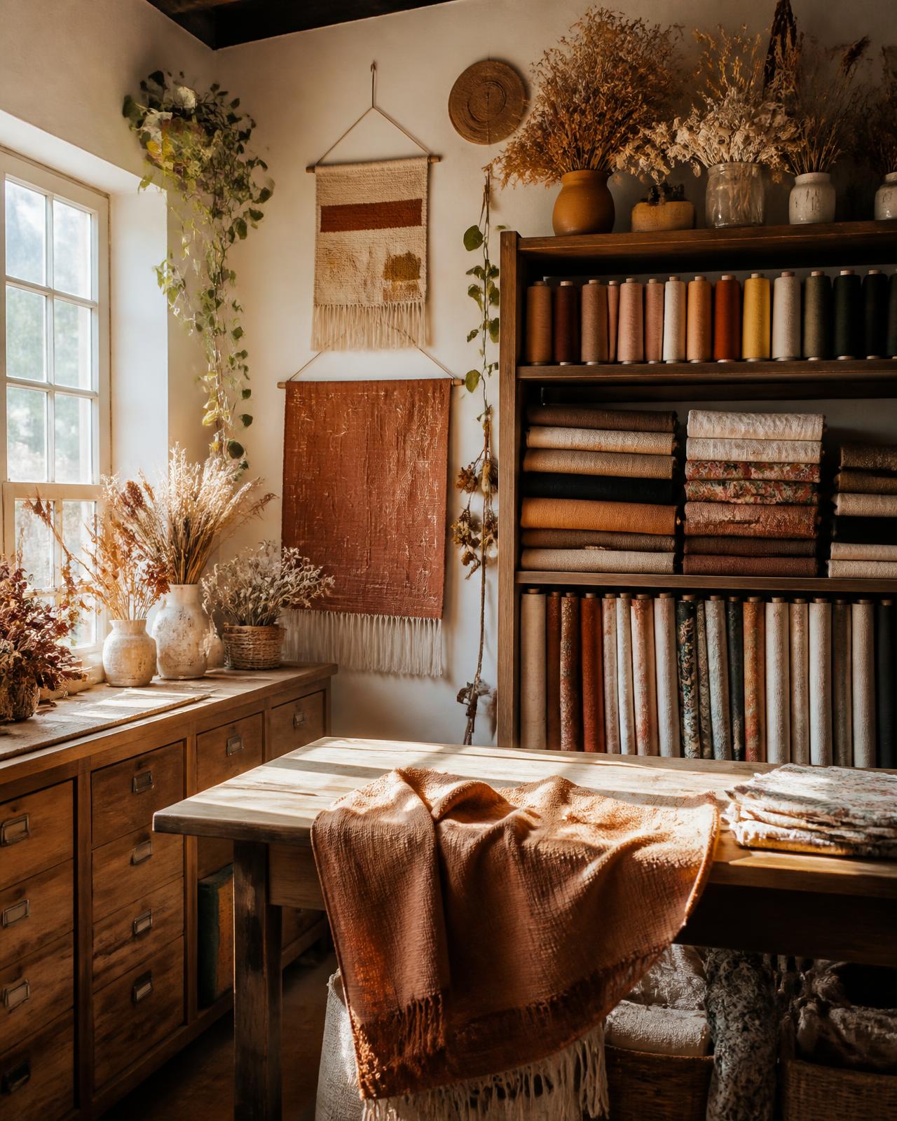 Mervys Atelier studio with fabric rolls, thread spools and dried flowers