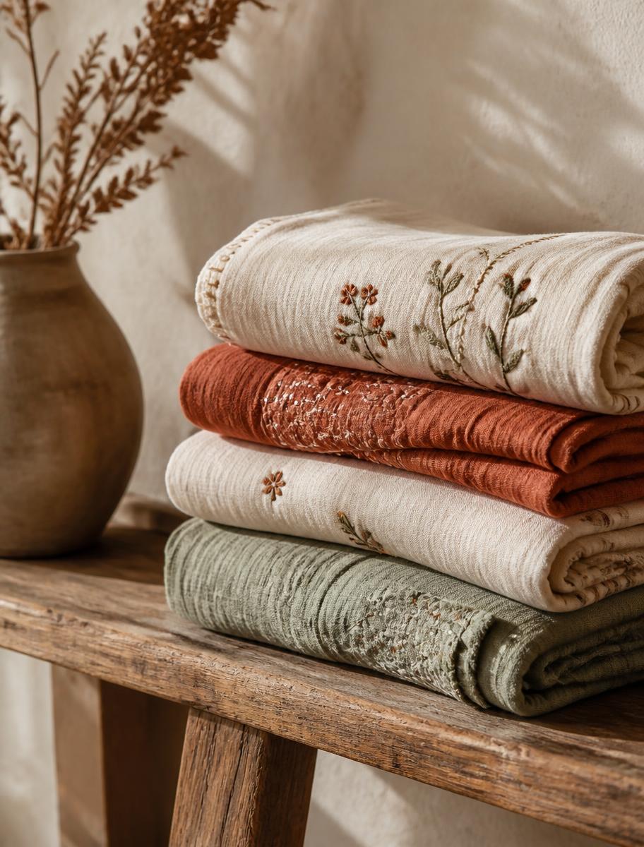 Stack of folded handmade embroidered textiles